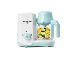 Baby steam and blend with vegetables on a white background and with new tag
