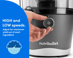 A hand placed over power button of the nutribullet Juicer. A blue panel on the left reads "High and low speeds". An icon showing a speedometer in a circle is situated beneath the text.