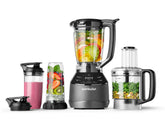 nutribullet Triple Prep System filled separately with fruits, vegetables, nuts, ice and smoothie