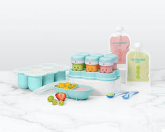 NutriBullet Baby pouches, spoons, freezer cups and storage cups with food on white background.