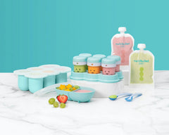 NutriBullet Baby pouches, spoons, freezer cups and storage cups with food on teal background.