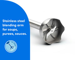 A close-up of the stainless steel blending arm designed for soups, purees, and sauces, highlighting its durable blade structure.