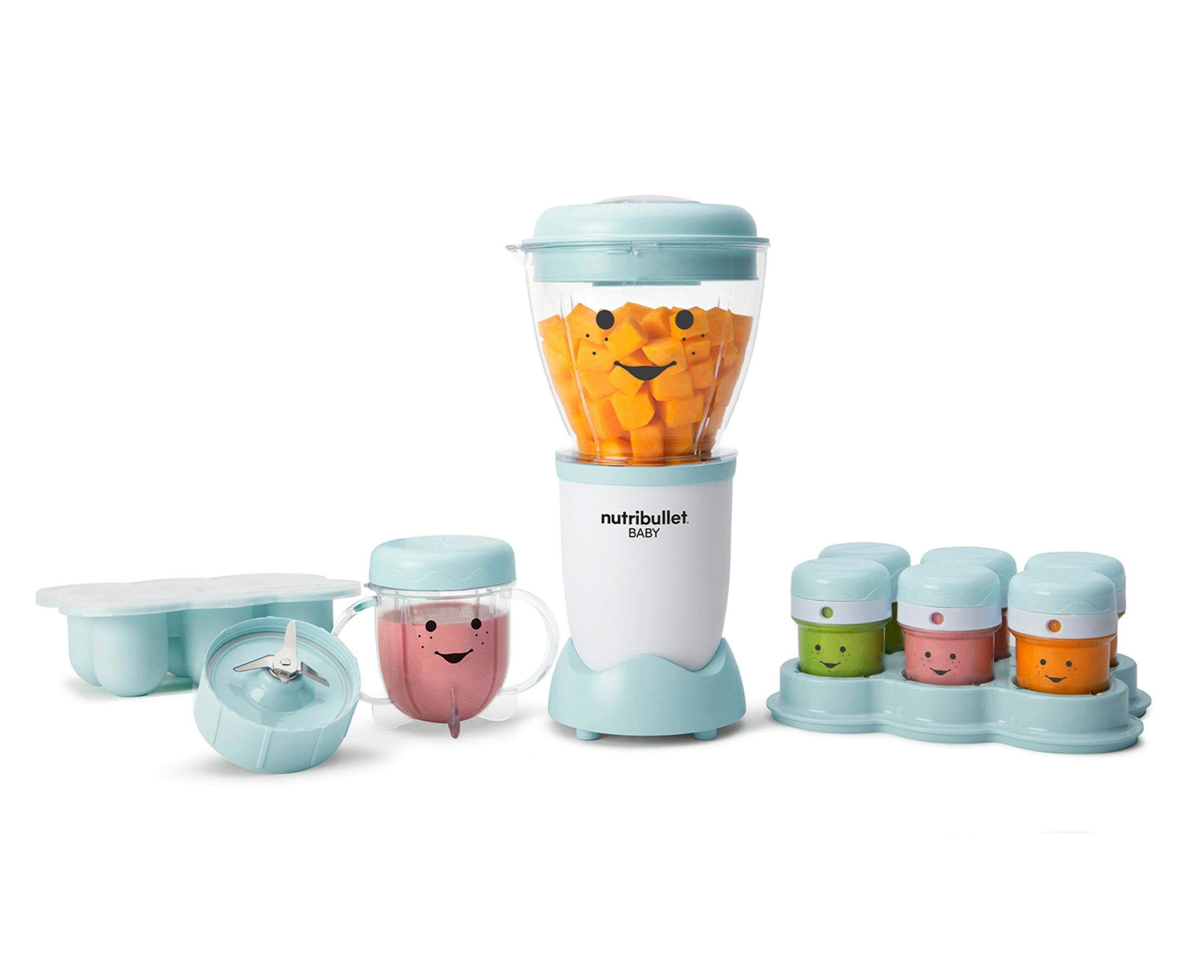 nutribullet Baby with carrots on white background.