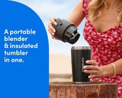 Woman holding the nutribullet Flip. A portable blender & insulated tumbler in one.