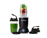 matte black nutribullet pro plus filled with fruit on a white background