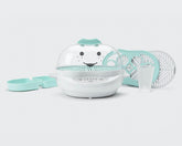 White NutriBullet Baby Steamer with teal accents and teal and white accessories.