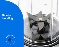 Close-up of blender base blades with text and speaker icon on a blue background as reference to quieter blending. Text on the image reads: Quieter blending.