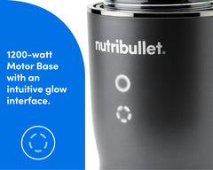 Close-up of the nutribullet Ultra Plus base with logo, intuitive glowing interface. Text on the image reads: 1200-watt Motor Base with an intuitive glow interface.
