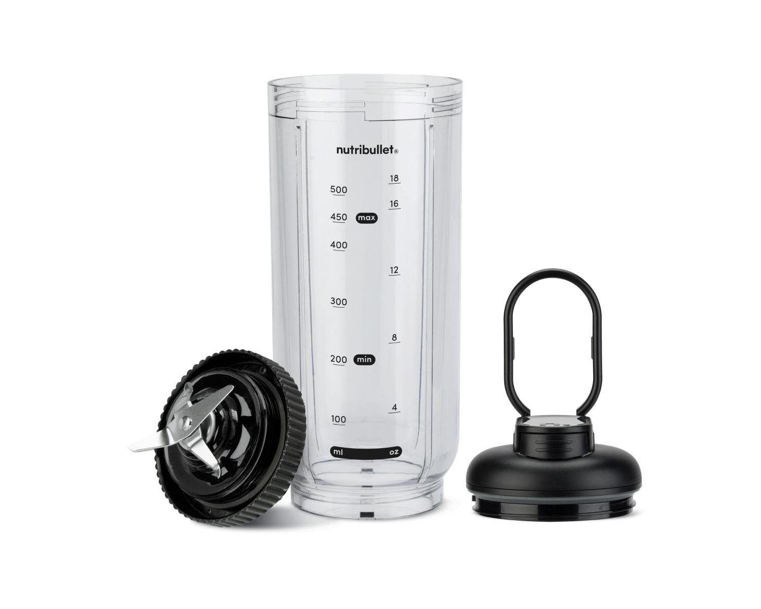nutribullet Flex Accessory Set with clear 500ml blending cup, Black extractor blade lid, and black flip-top handle lid on white background.