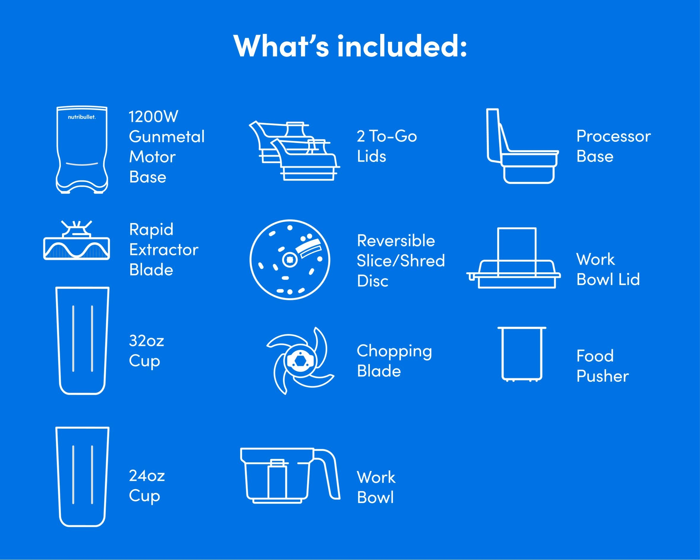 Diagram of items included with the nutribullet Ultra Plus, showing line drawings and labels for each component.