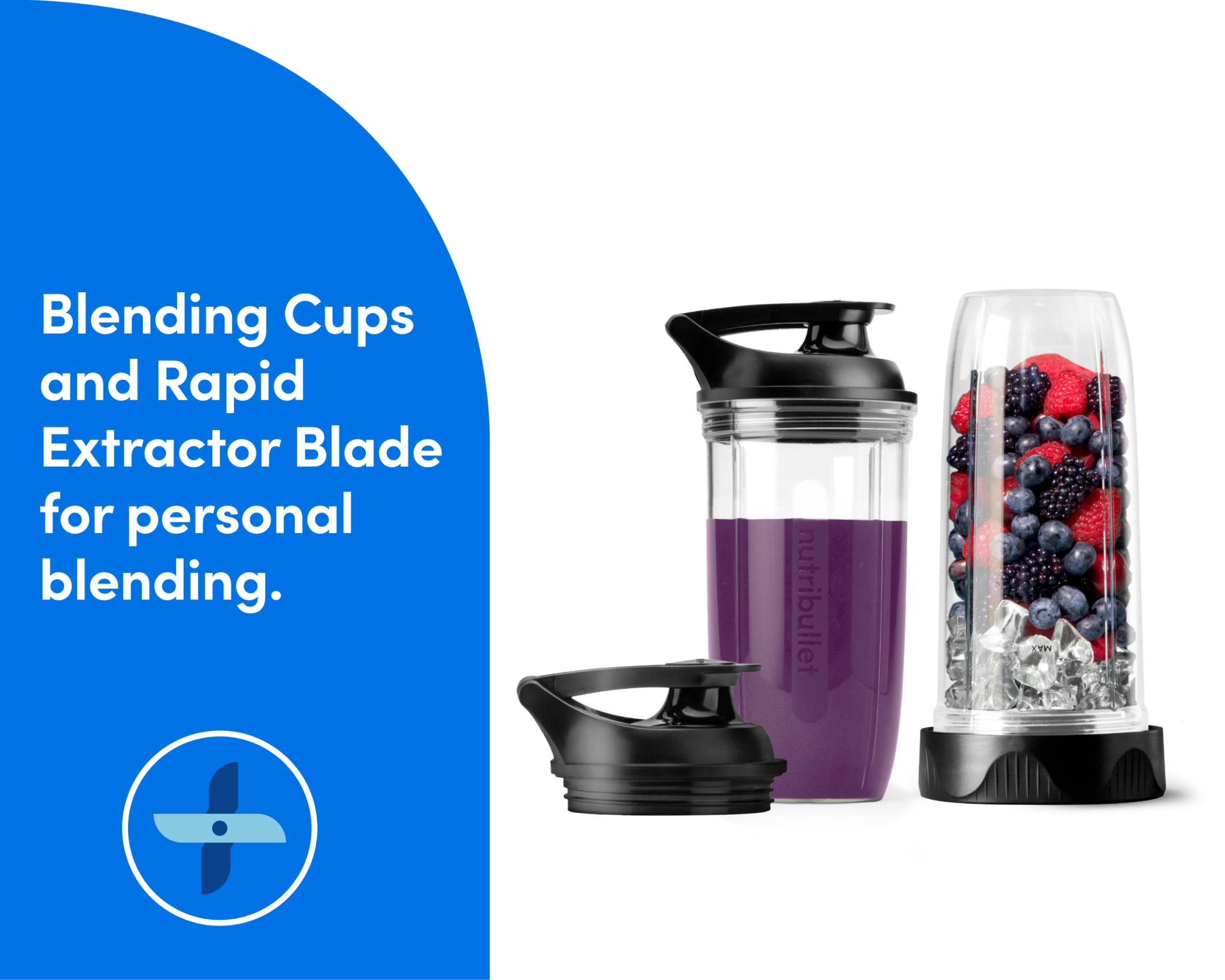 Two blending cups, one with a purple smoothie and another with berries and ice, on a white background. Blue section on the left with text and blender blade icon. Text on the image reads: Blending Cups and Rapid Extractor Blade for personal blending.