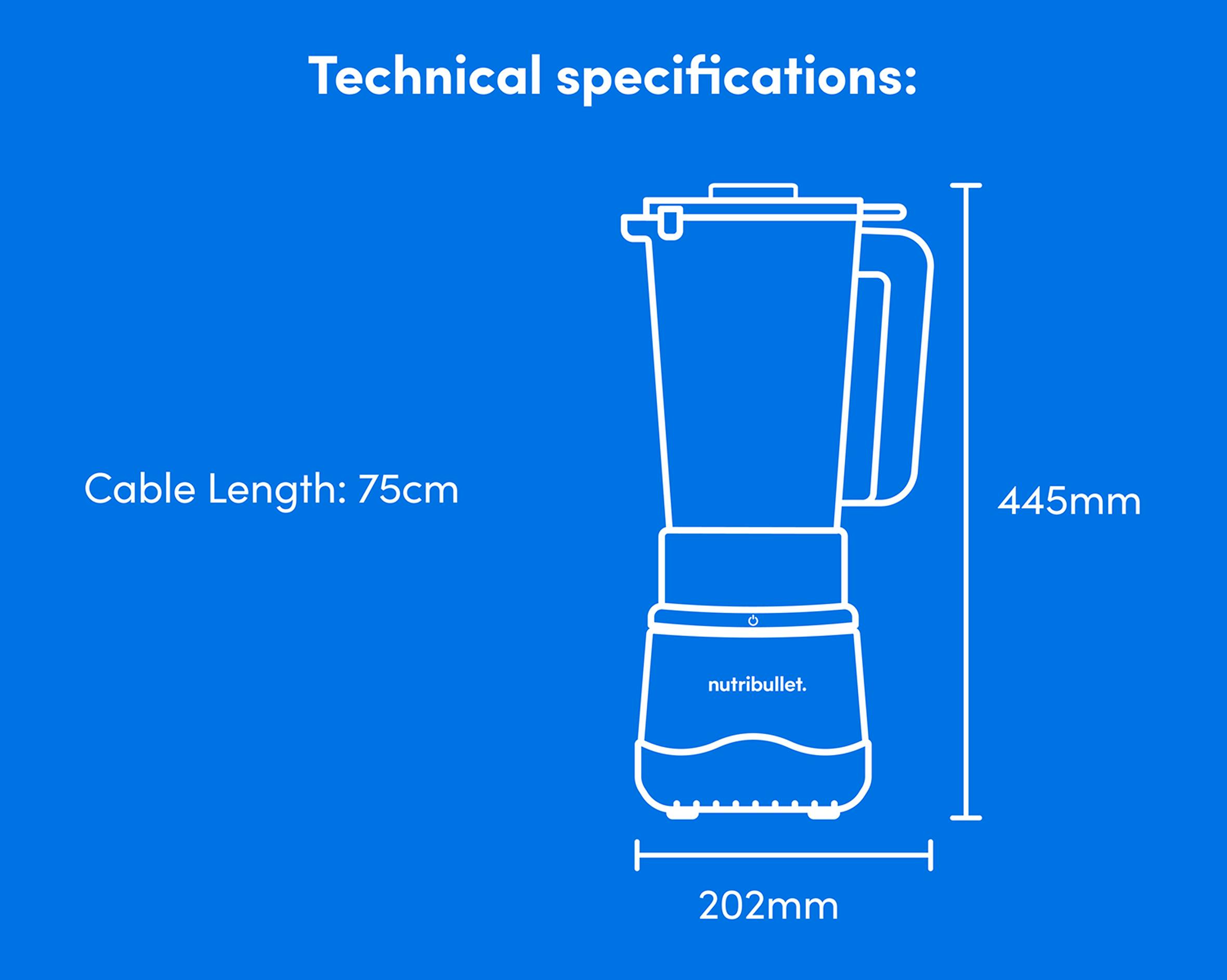 Illustration of the nutribullet Power Core showing the measurements 445 mm tall by 202 mm wide, and with a cable length of 75 cm.