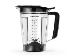 A transparent 64-ounce blender pitcher with measurement markings, a black handle, and a secure lid, designed for nutribullet SmartSense blenders.