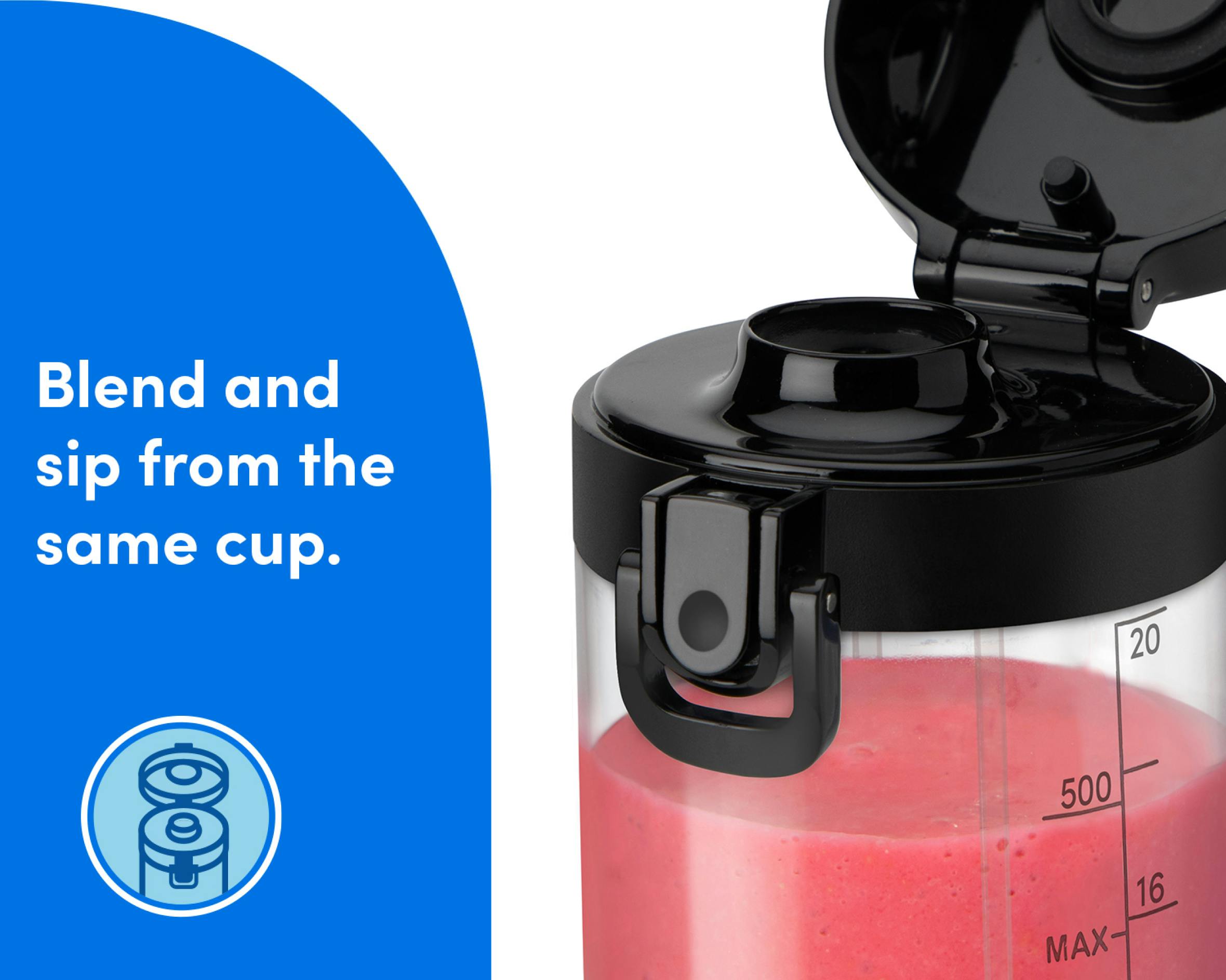 A closeup of the nutribullet Portable Blender's Flip-Top Handled Lid. A blue panel to the left of the image reads "Blend and sip from the same cup." A circular icon underneat the text shows an illustration of the nutribullet Portable Sip Lid.