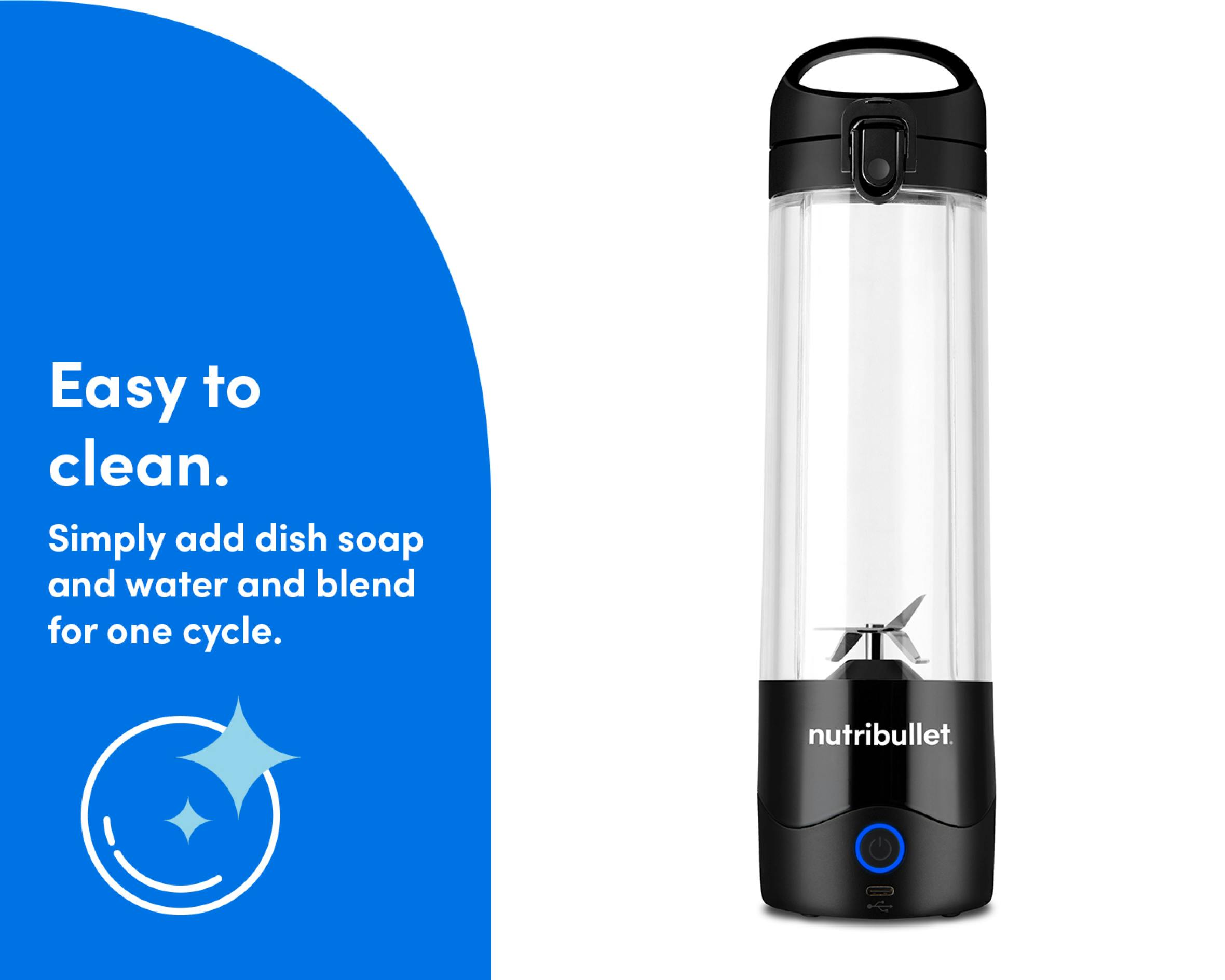 An empty nutribullet Portable Blender stands alone against a white background. A blue panel to the left of the image reads "Easy to Clean" and features a circular icon underneath of a sparkling bubble.