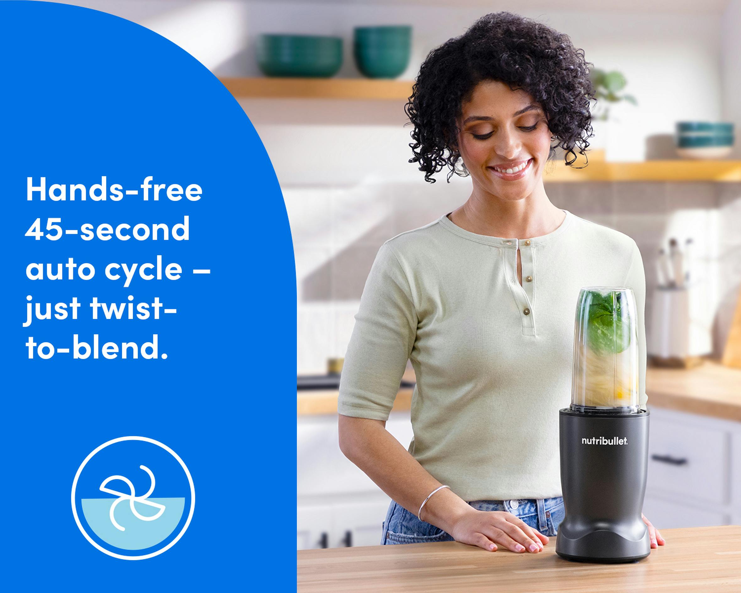 Woman preparing a smoothie using the nutribullet Turbo blender in hands-free 45-second auto blend cycle