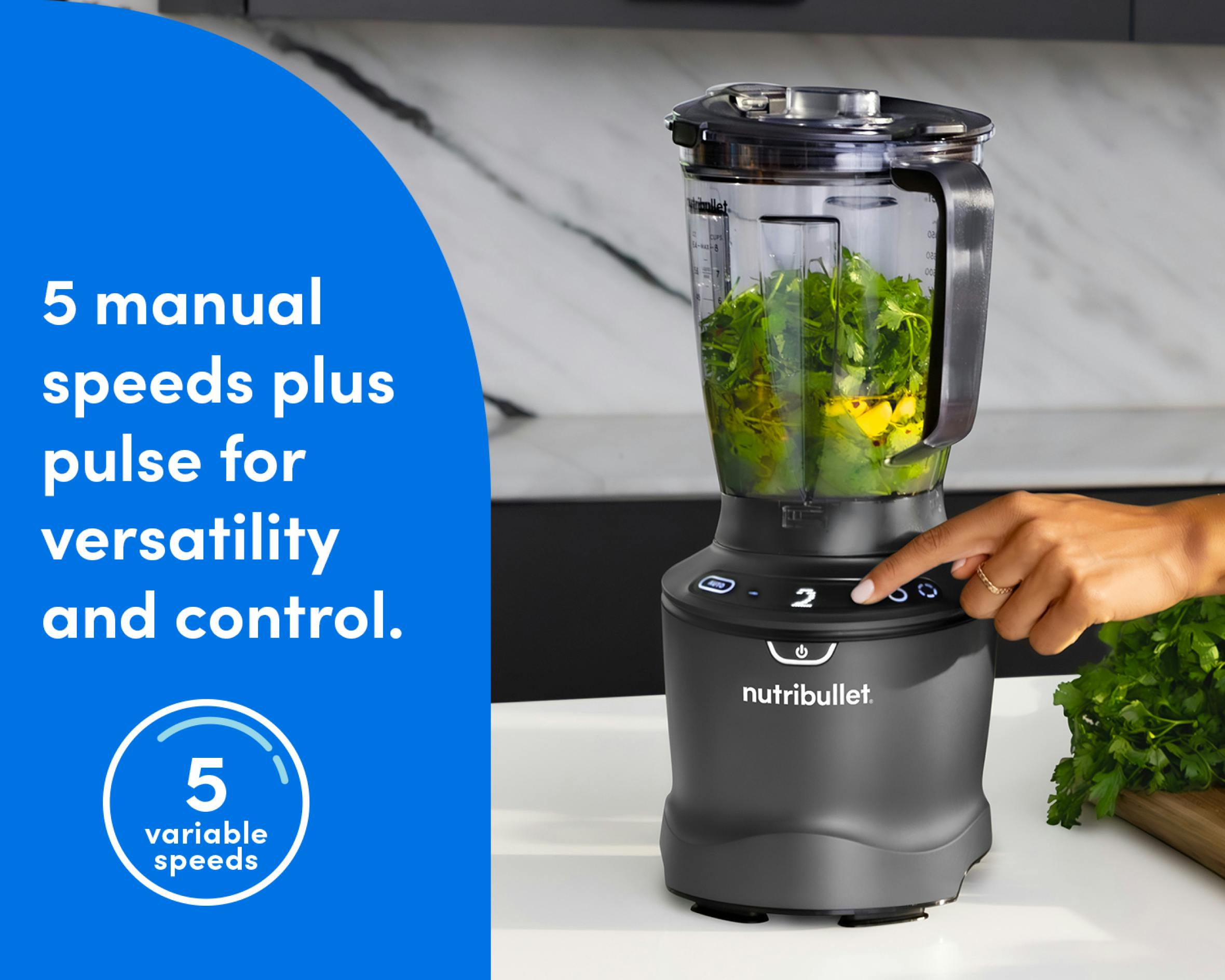 The smartSense Blender is shown filled with greens on a marble countertop. A finger is adjusting the blender speed. The blue panel to the left of the image reads "5 manual speeds plus pulse for versatility and control."