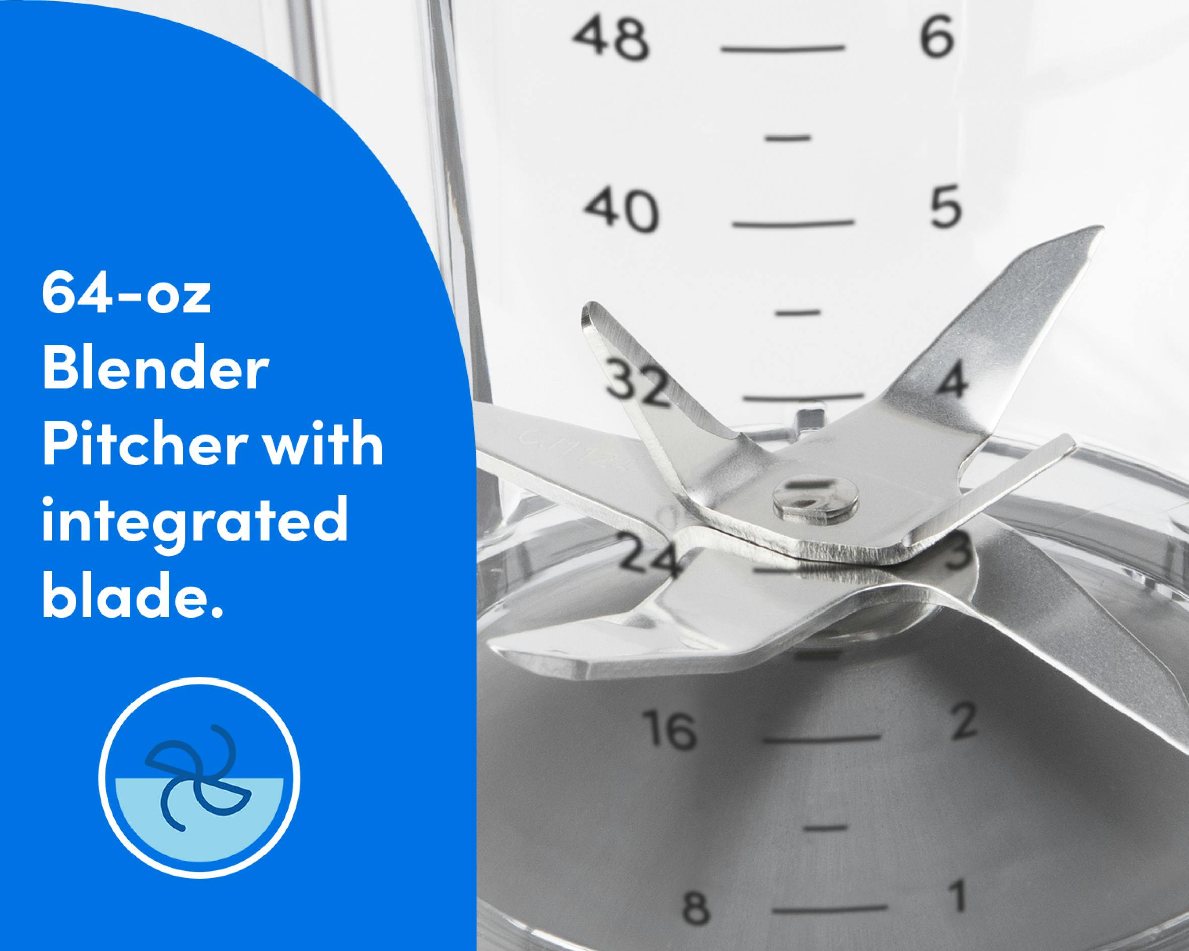 A closeup shot of the blade attached to the clear pitcher. A blue panel to the left of the image reads "64oz Blender Pitcher with integrated blade."