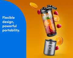 The nutribullet Flex is shown with the motor base detached from the cup in an active composition on an orange background, surrounded by a festive spray of flying fruits.