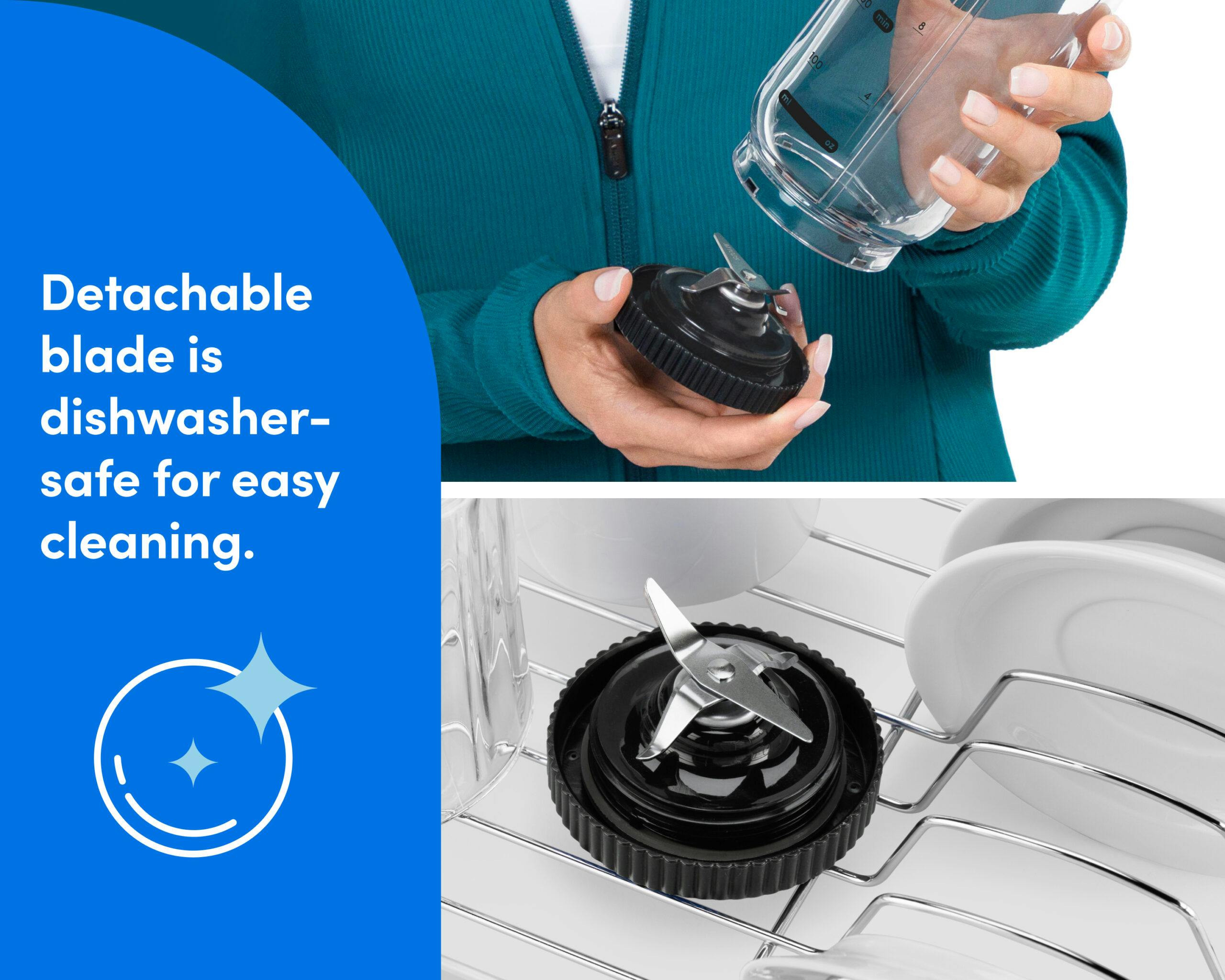 A woman's hands are shown detaching the blade from the base of the blending cup. A separate frame below shows the blade in a dishwasher rack.