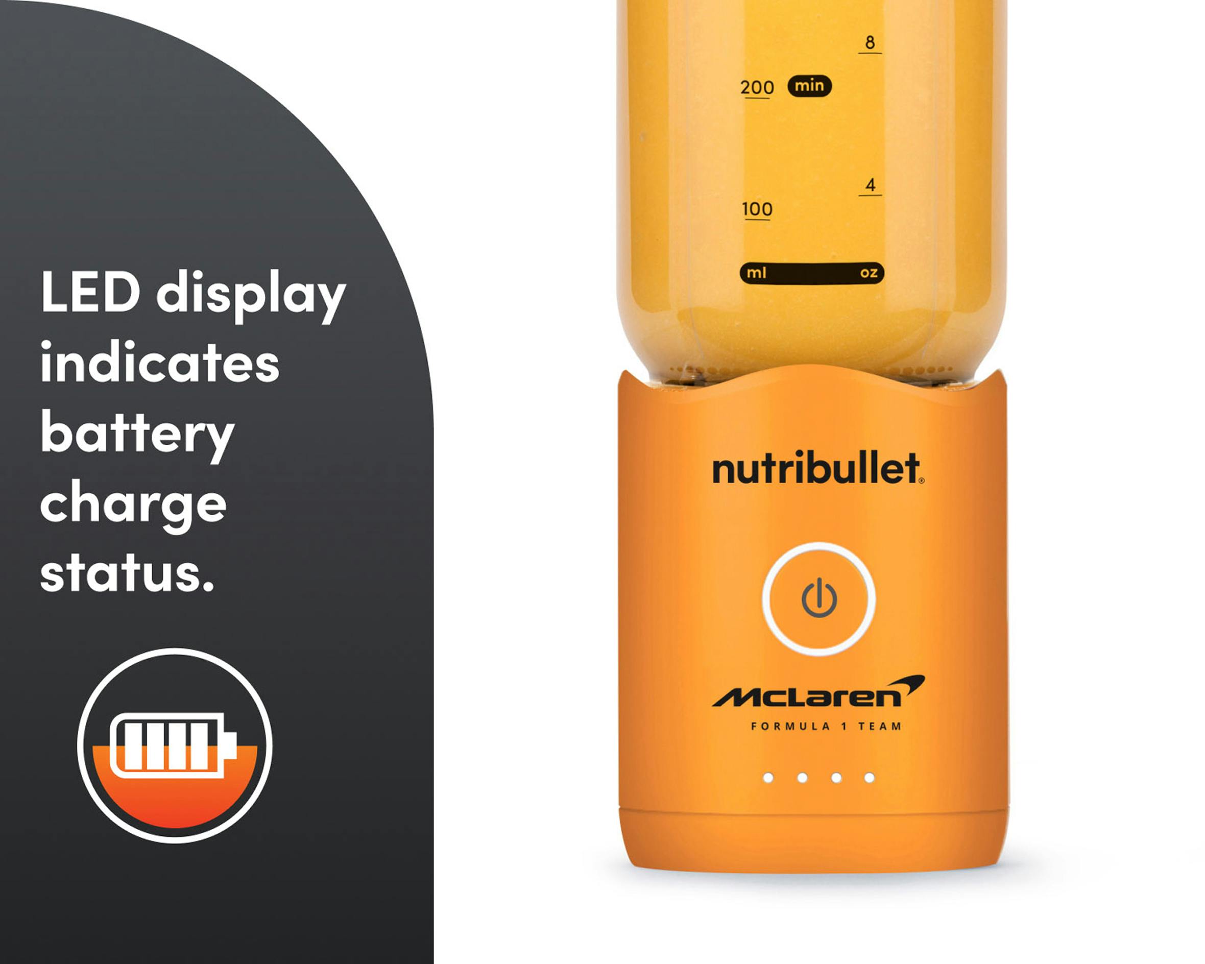 Detail shot of the LED display on the base showing battery charge status.