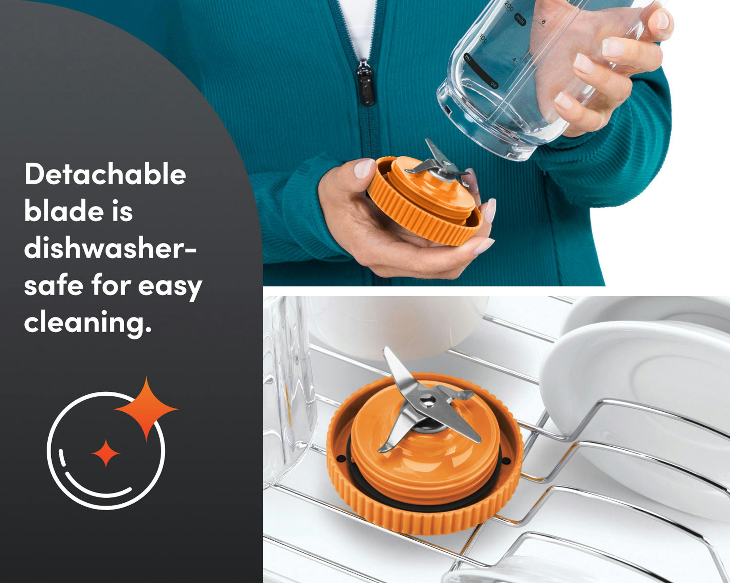 The blade assembly being placed into a dishwasher to show easy, safe cleaning.