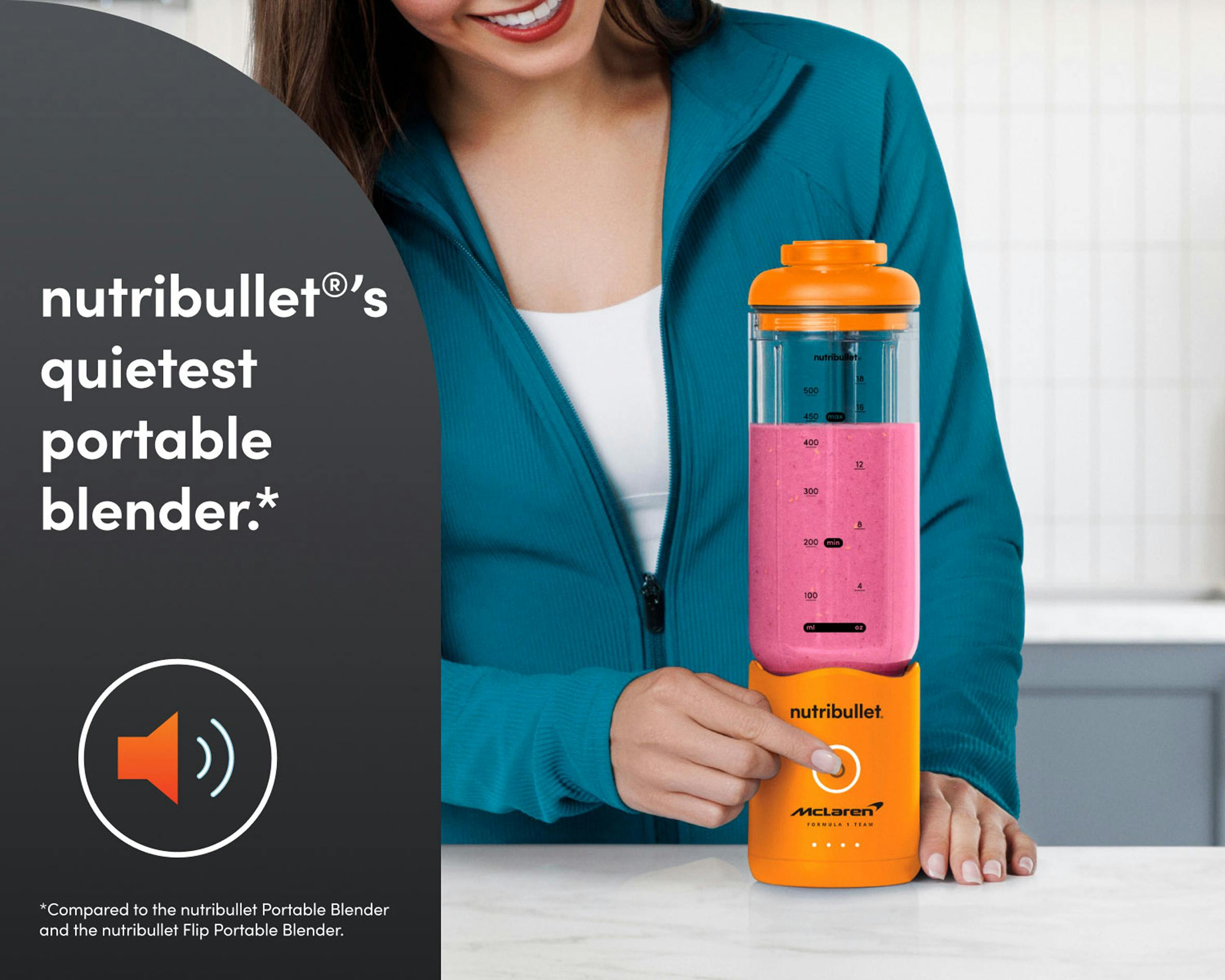 Lifestyle photo of someone using the blender indoors, highlighting quiet operation.