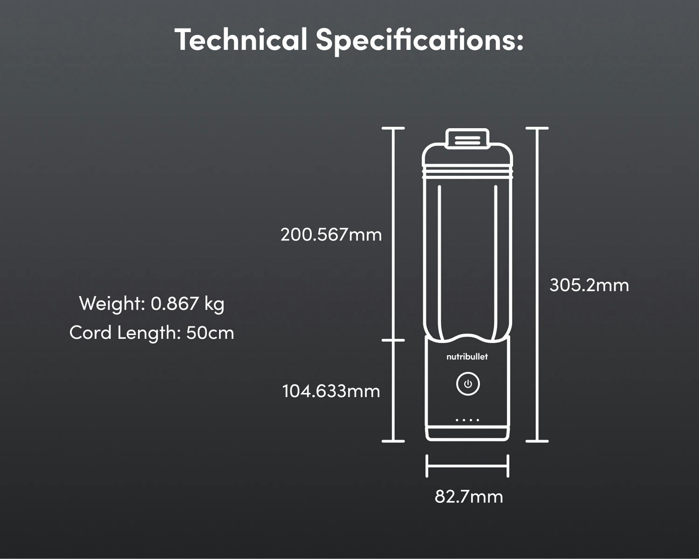 Diagram listing the blender’s height, width, weight, and cord length specifications,