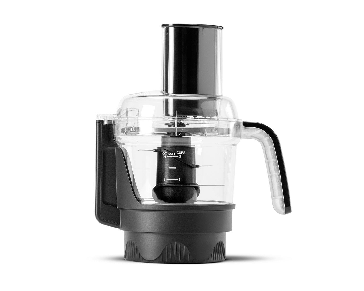 Transparent food processor attachment with a black base and handle.