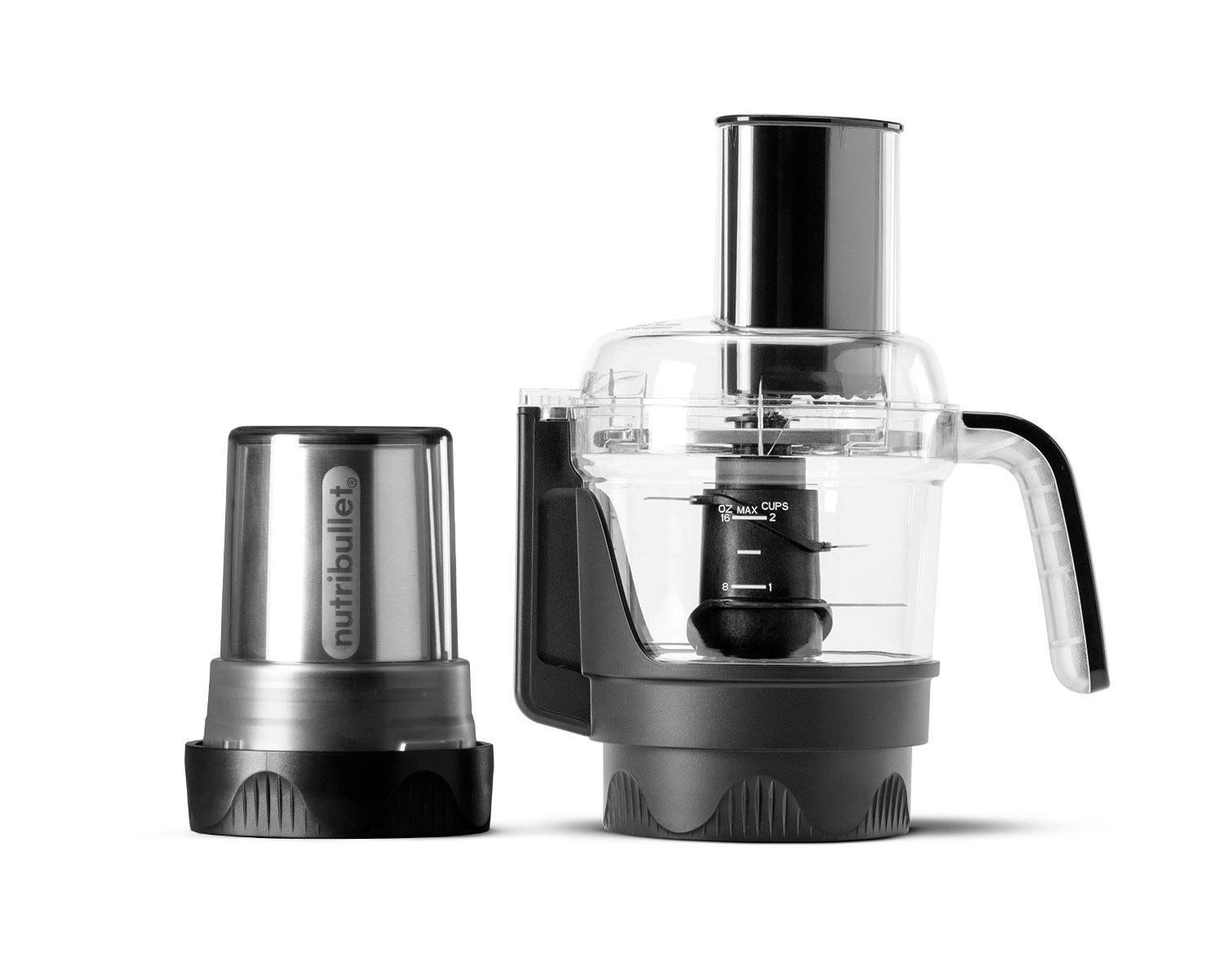 Processor and grinder attachments side by side.