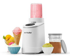 A white nutribullet Chill™ Ice Cream Maker surrounded by colorful frozen desserts, bowls, and an extra pint container.