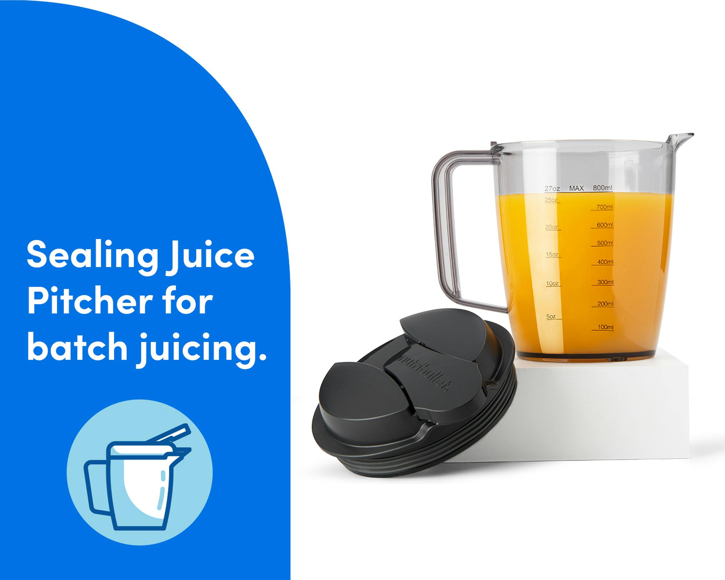A small pitcher with lid on a white background. A blue panel on the left reads "Sealing Juice Pitcher for batch juicing". An icon showing a pitcher in a circle is situated beneath the text.