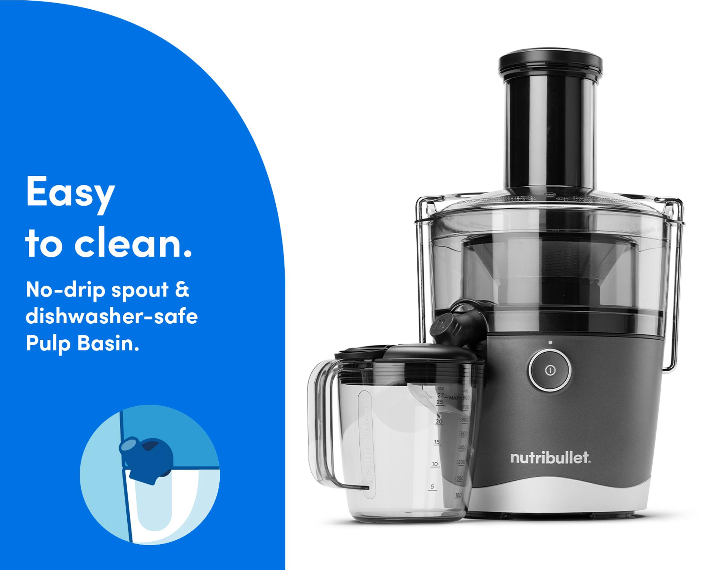 The nutribullet Juicer® and pitcher on white background. A blue panel on the left reads "Easy to clean". An icon showing a close-up of a spout in a circle is situated beneath the text.