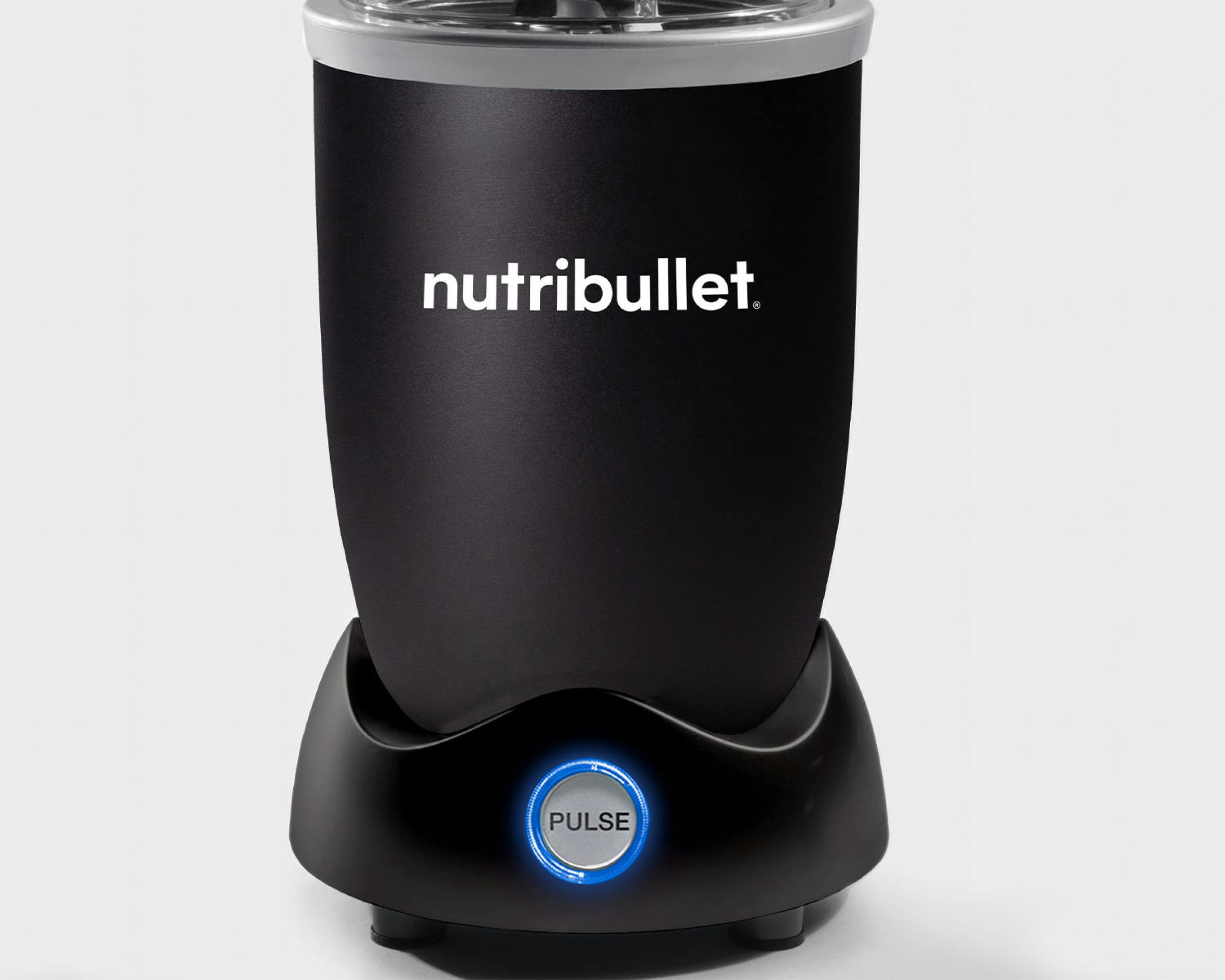 Close up of the matte black nutribullet pro plus base on a gray background