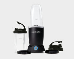 empty matte black nutribullet pro plus with cups and lid on a grey background