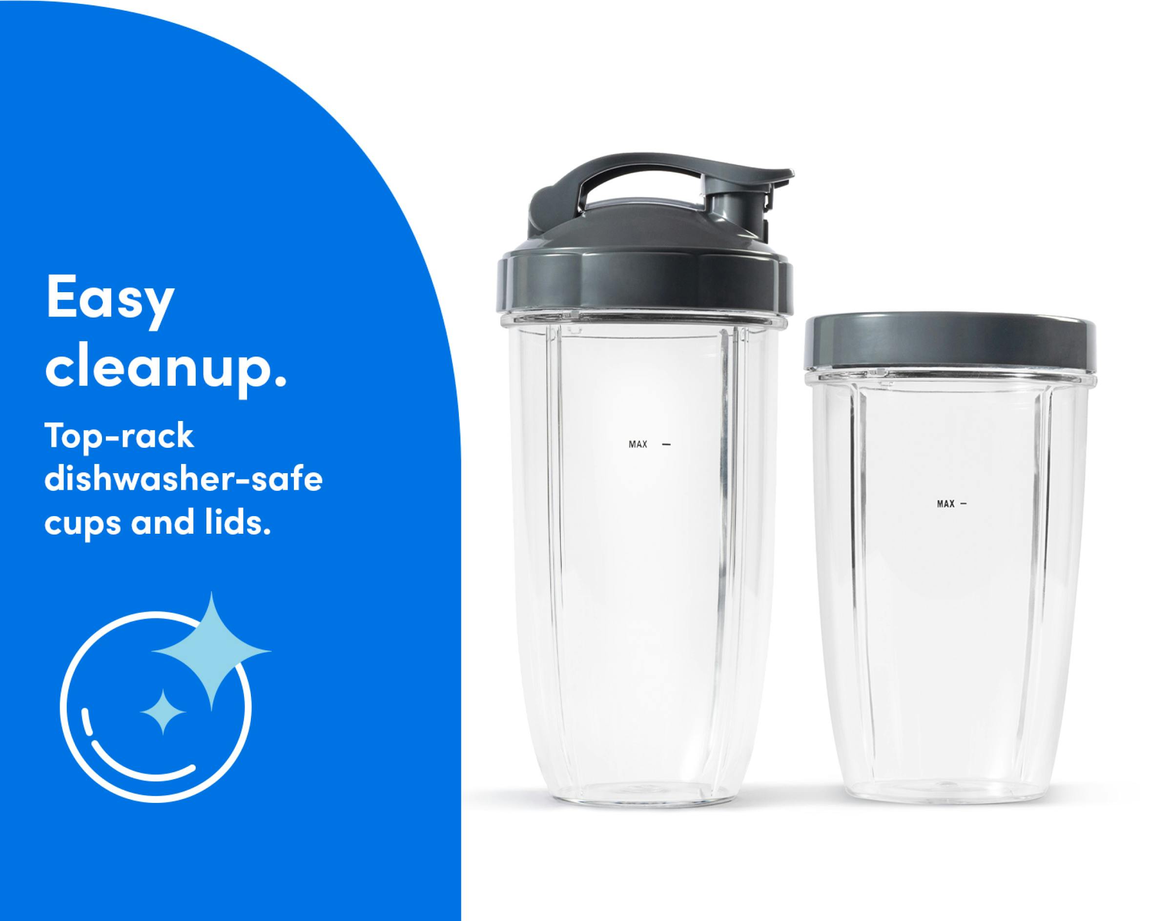 Two empty blending cups are placed side-by-side. One has the Flip-Top To-Go Lid attached, the other, the Comfort Lip Ring