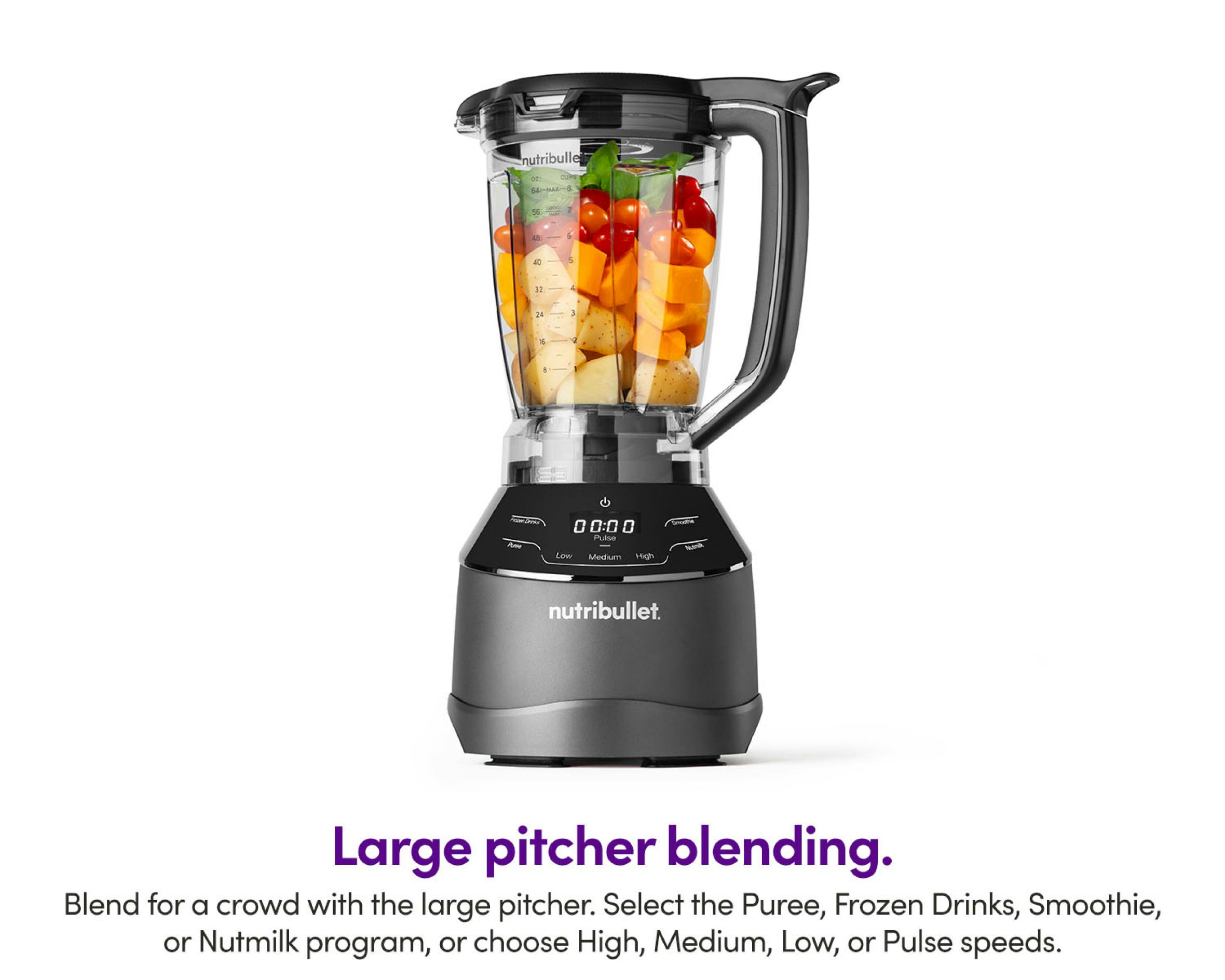 large pitcher and base of nutribullet Triple Prep, filled with fruits