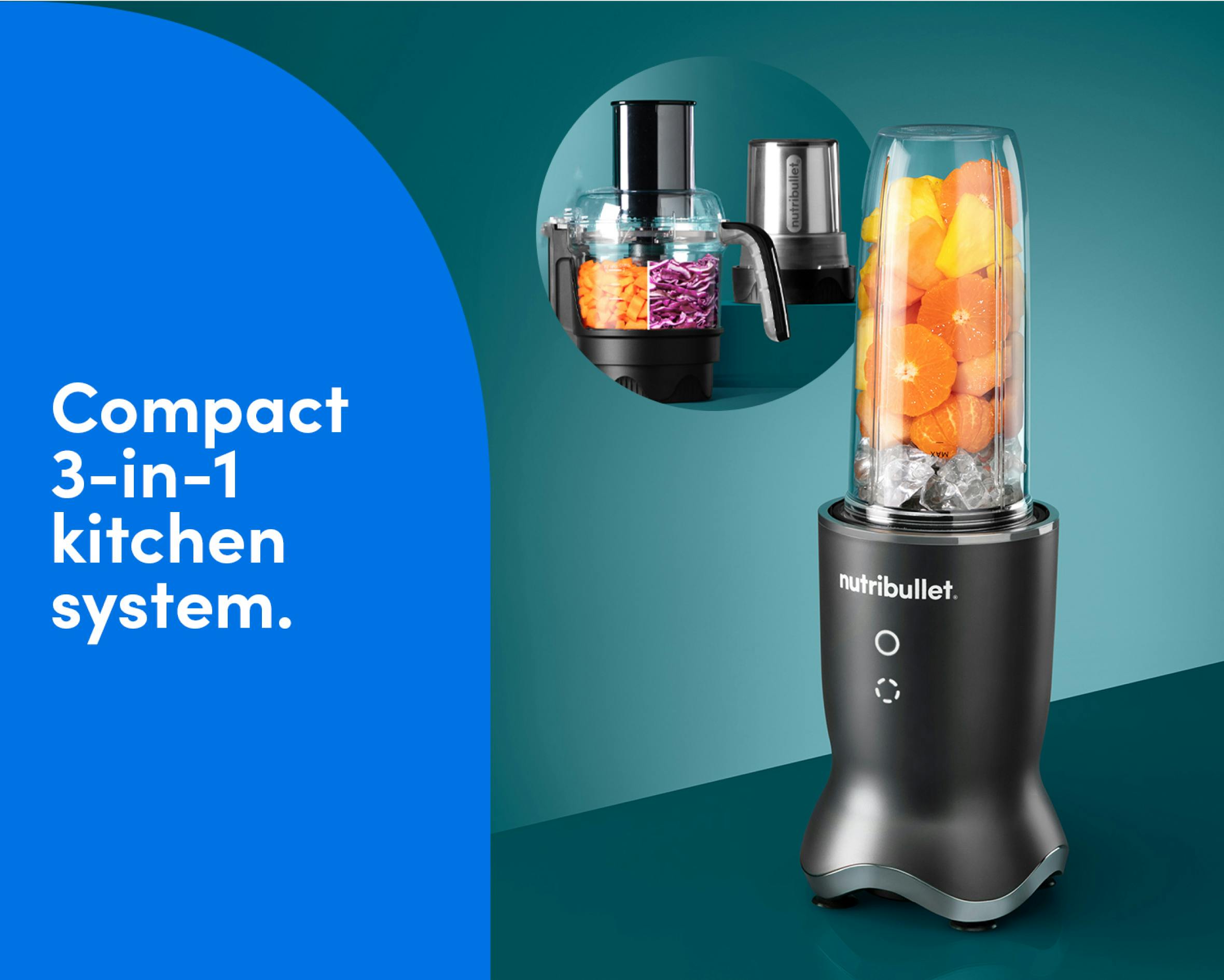 The nutribullet Ultra Plus 3-in-1 kitchen system with blender and food processor attachments on a teal background. Text on the image reads: Compact 3-in-1 kitcken system.