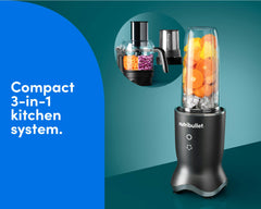 The nutribullet Ultra Plus 3-in-1 kitchen system with blender and food processor attachments on a teal background. Text on the image reads: Compact 3-in-1 kitcken system.