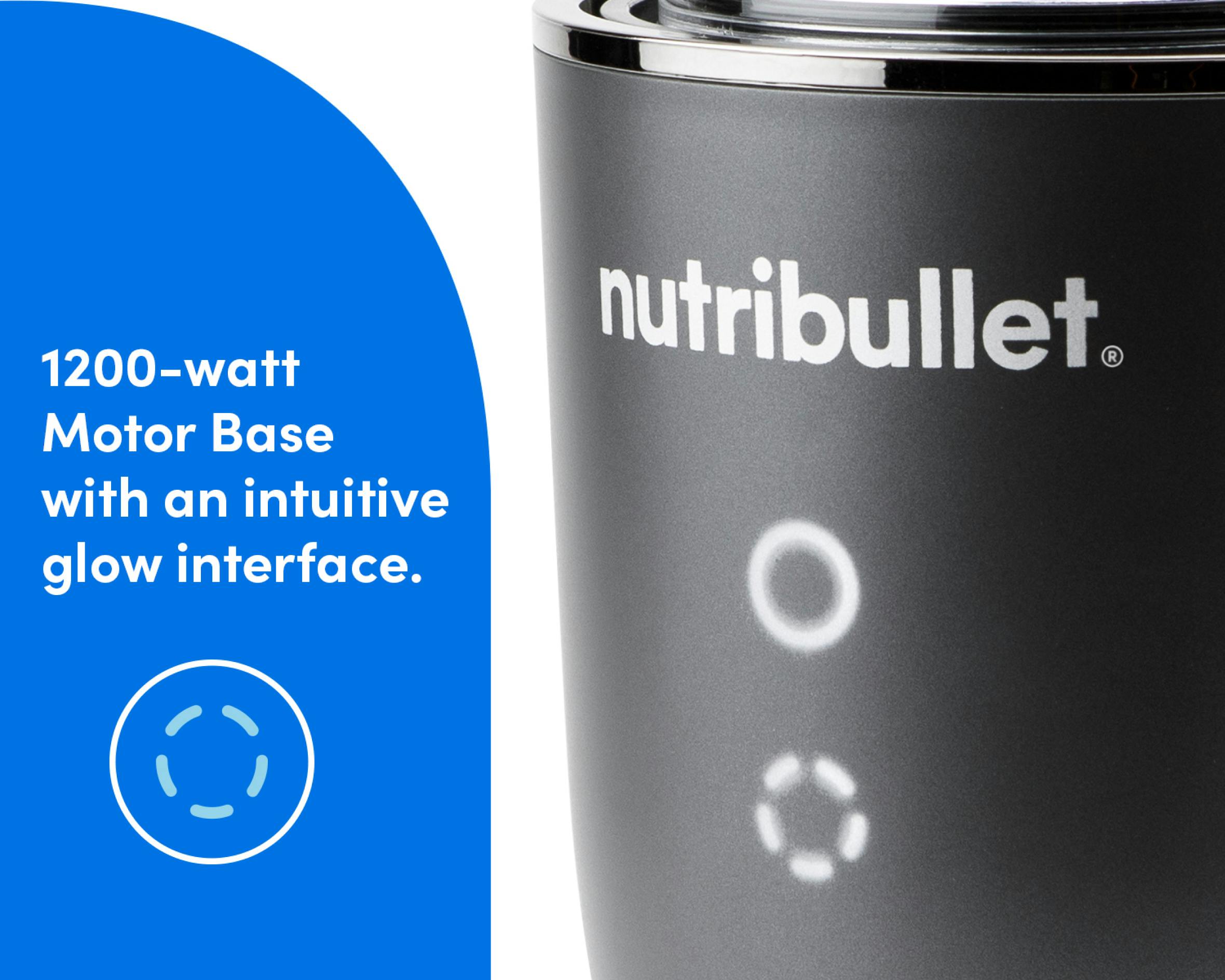 Close-up of the nutribullet Ultra Plus base with logo, intuitive glowing interface. Text on the image reads: 1200-watt Motor Basr with an intuitive glow interface.