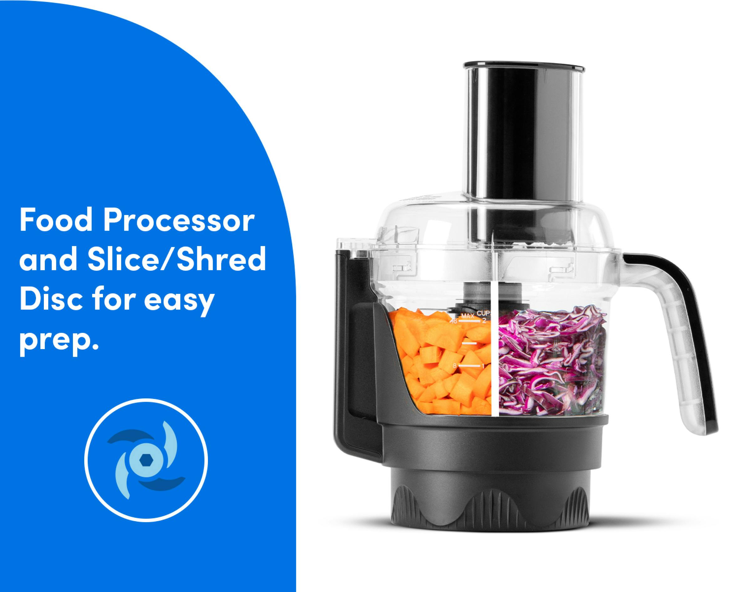 Food processor with chopped carrots and shredded cabbage, alongside text on a blue background. Text on the image reads: Food Processor and Slice/Shred Disc for easy prep.