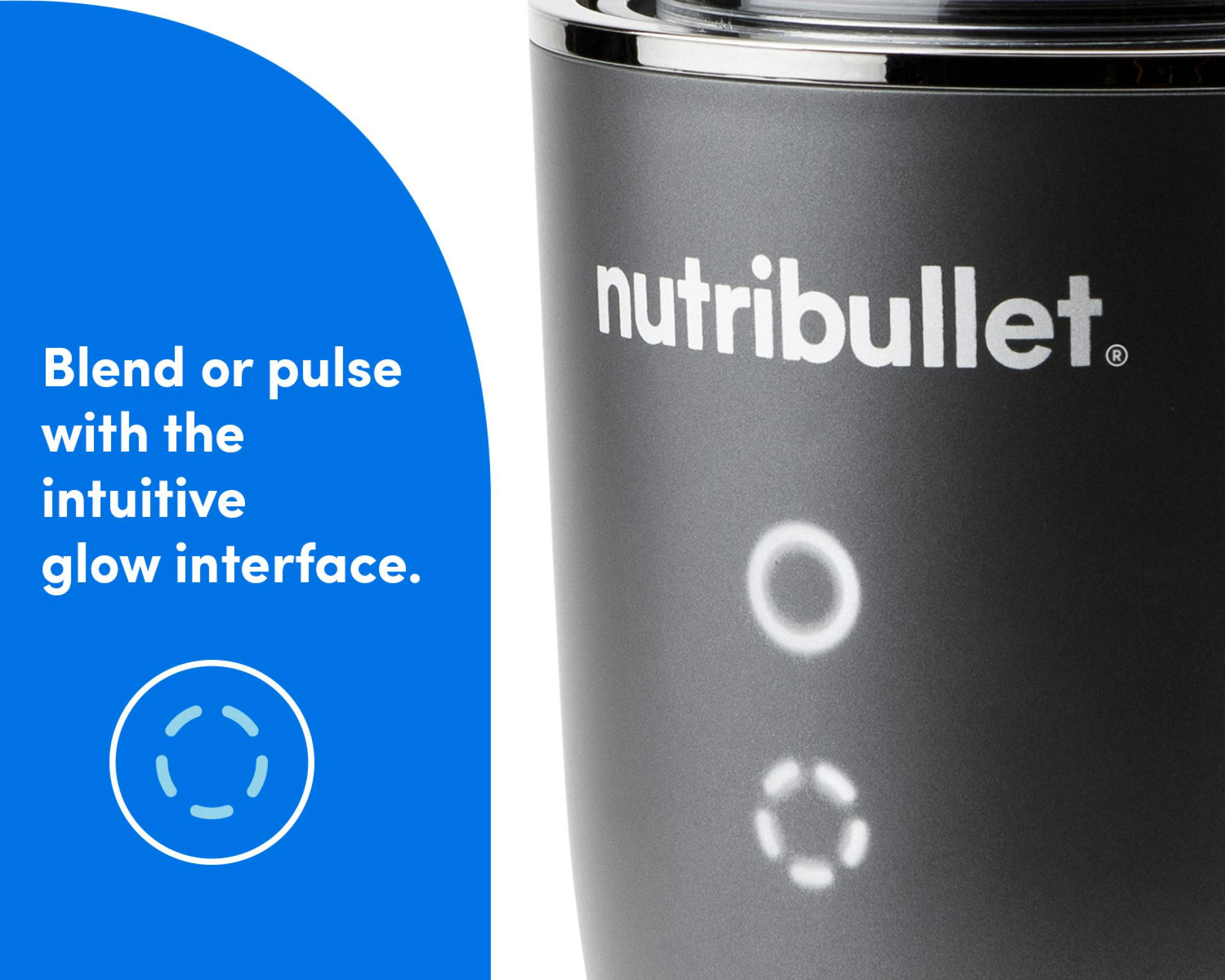 An even closer zoom-in of the illuminated power buttons on the face of the Ultra Motor Base. Text reads: blend or pulse with the illuminated glow interface.