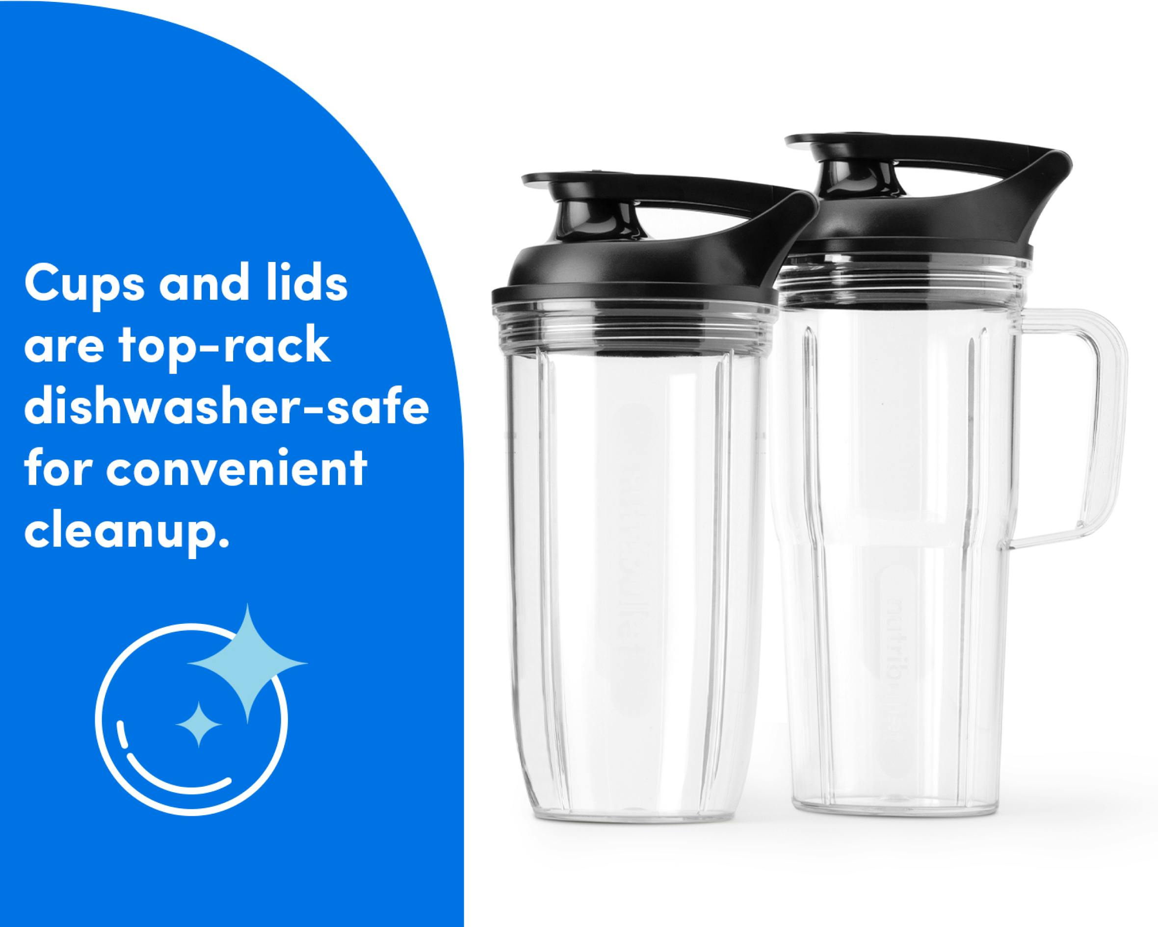 Image of the empty 24-oz Handled Cup and 32-oz Cup with To-Go Lids atatched on a white background. Text reads: Cups and lids are top-rack dishwasher-safe for convenient cleanup.
