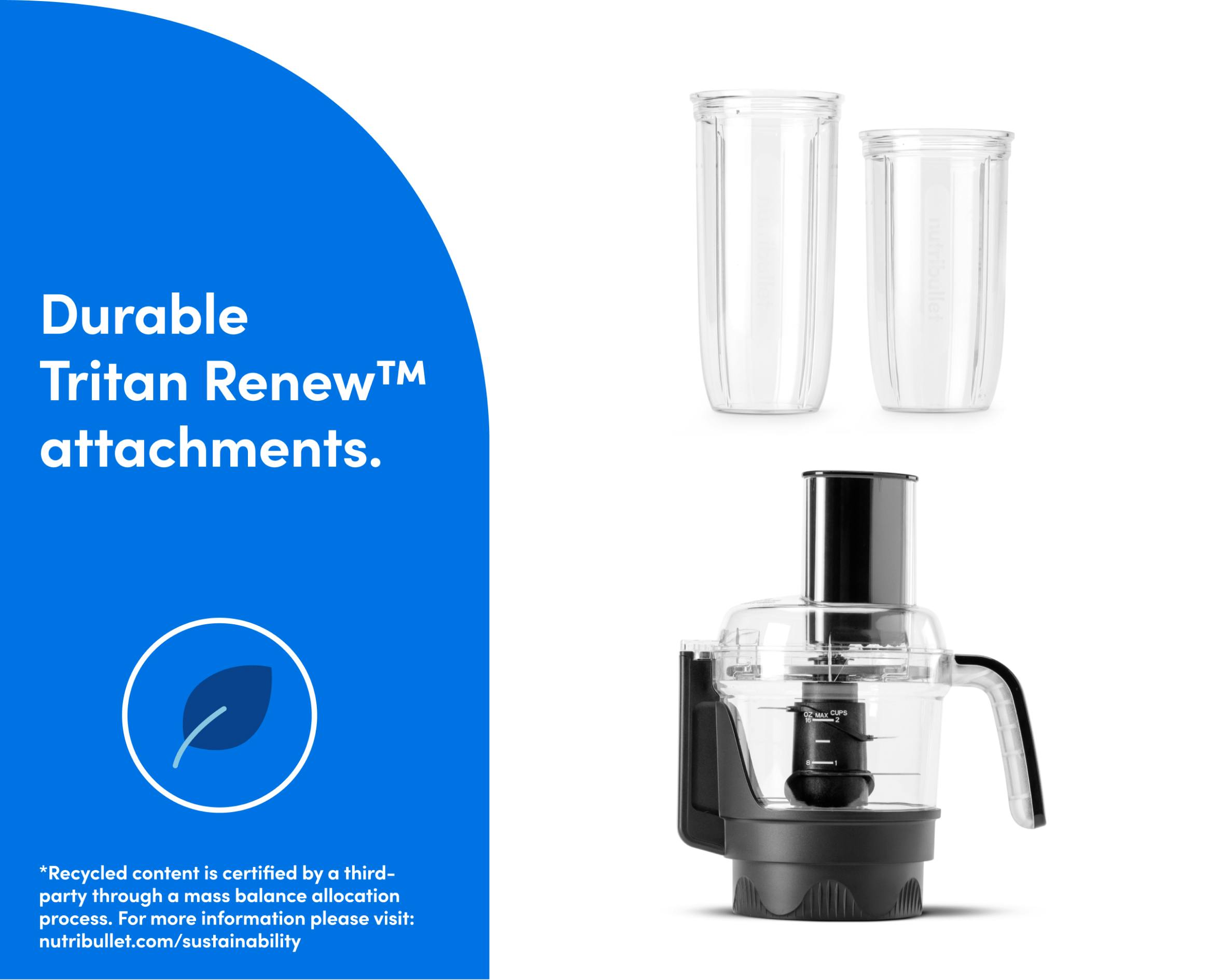 nutribullet Ultra Plus attachments and vessels next to text on a blue background. Text on the image reads: Durable Tritan Renew™ attachments.