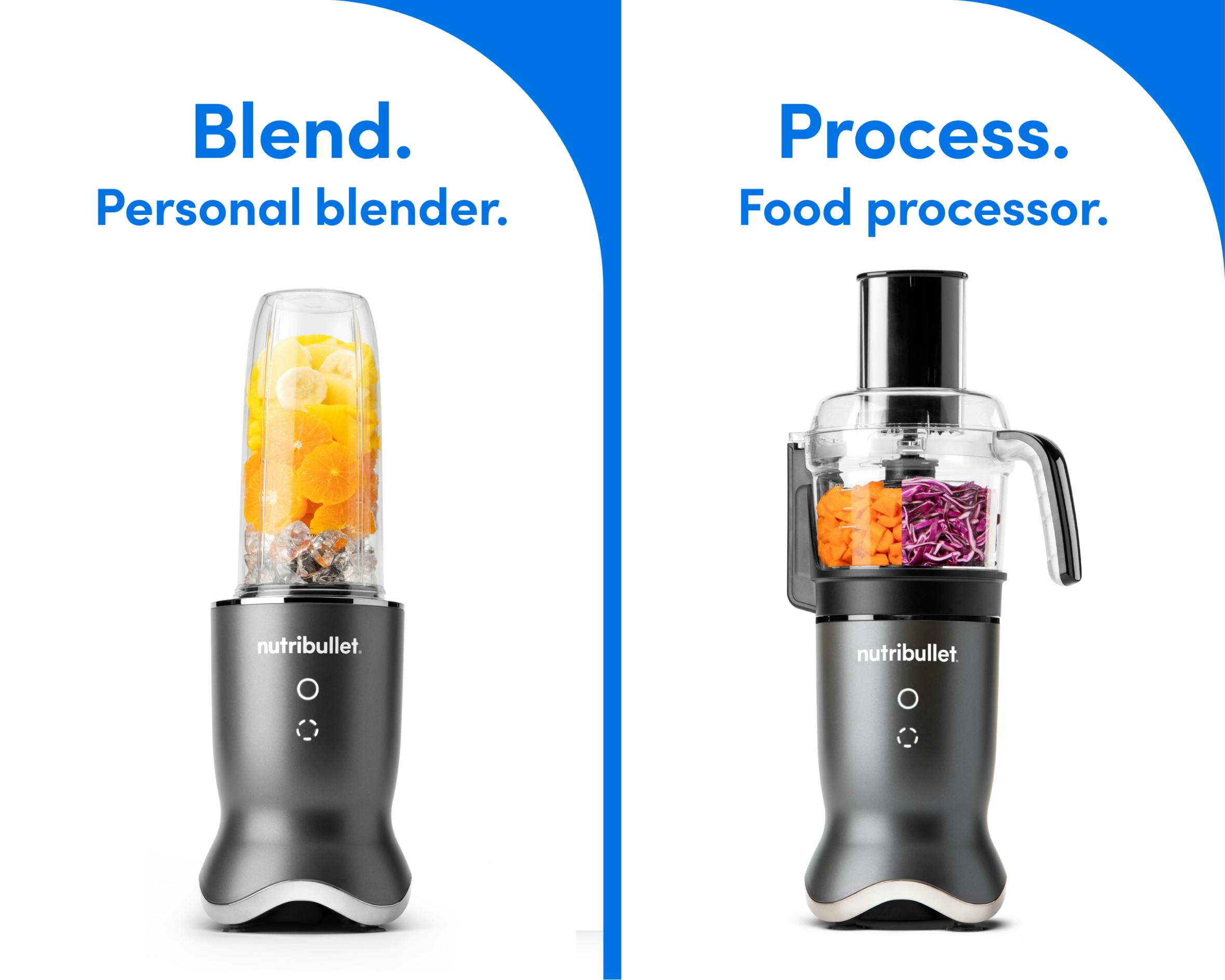 The nutribullet Ultra Plus in two presentations, as a personal blender and as a food processor. Text on the image reads: Blend. Personal blender. Process. Food processor.