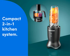 The nutribullet Ultra Plus 2-in-1 kitchen system with blender and food processor attachments on a teal background. Text on the image reads: Compact 2-in-1 kitcken system.
