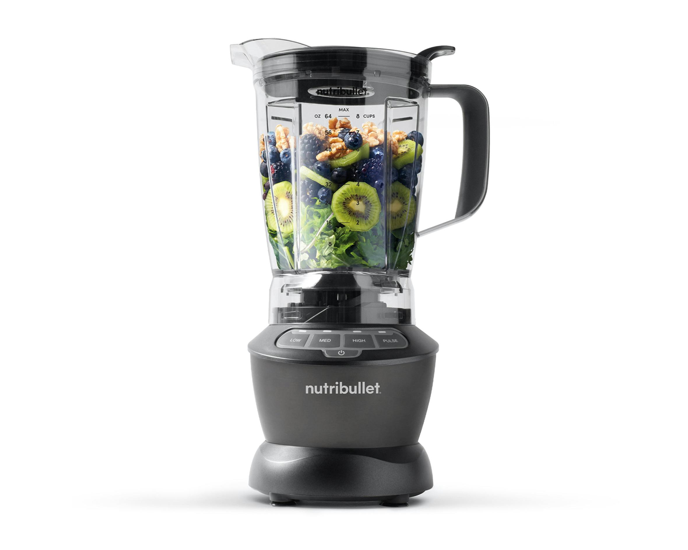 nutribullet Blender with 64 oz blender pitcher on white background.