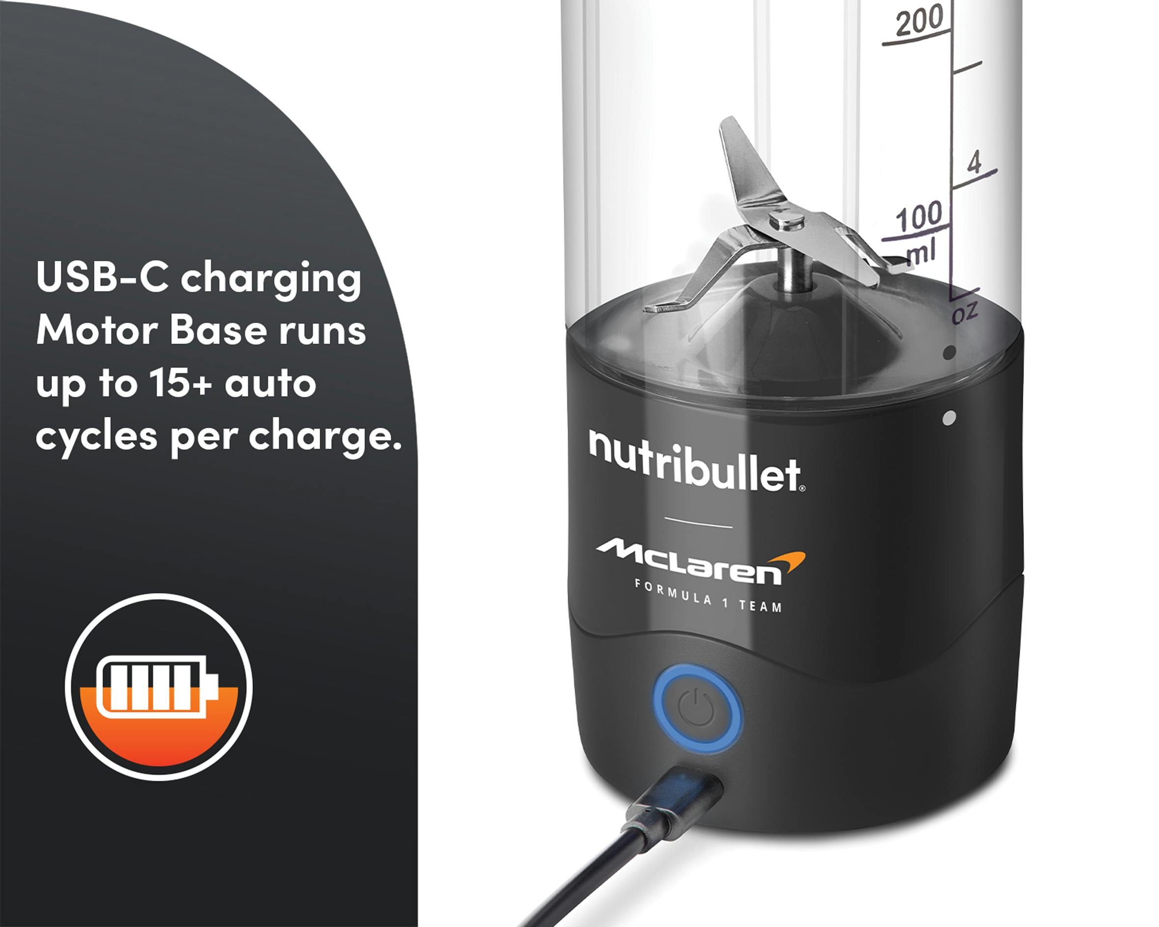 Closeup of the nutribullet® x McLaren: Portable Blender base while charging. A panel with text refrences the blender's charging power with an icon below.