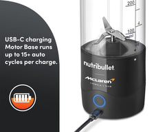 Closeup of the nutribullet® x McLaren: Portable Blender base while charging. A panel with text refrences the blender's charging power with an icon below.