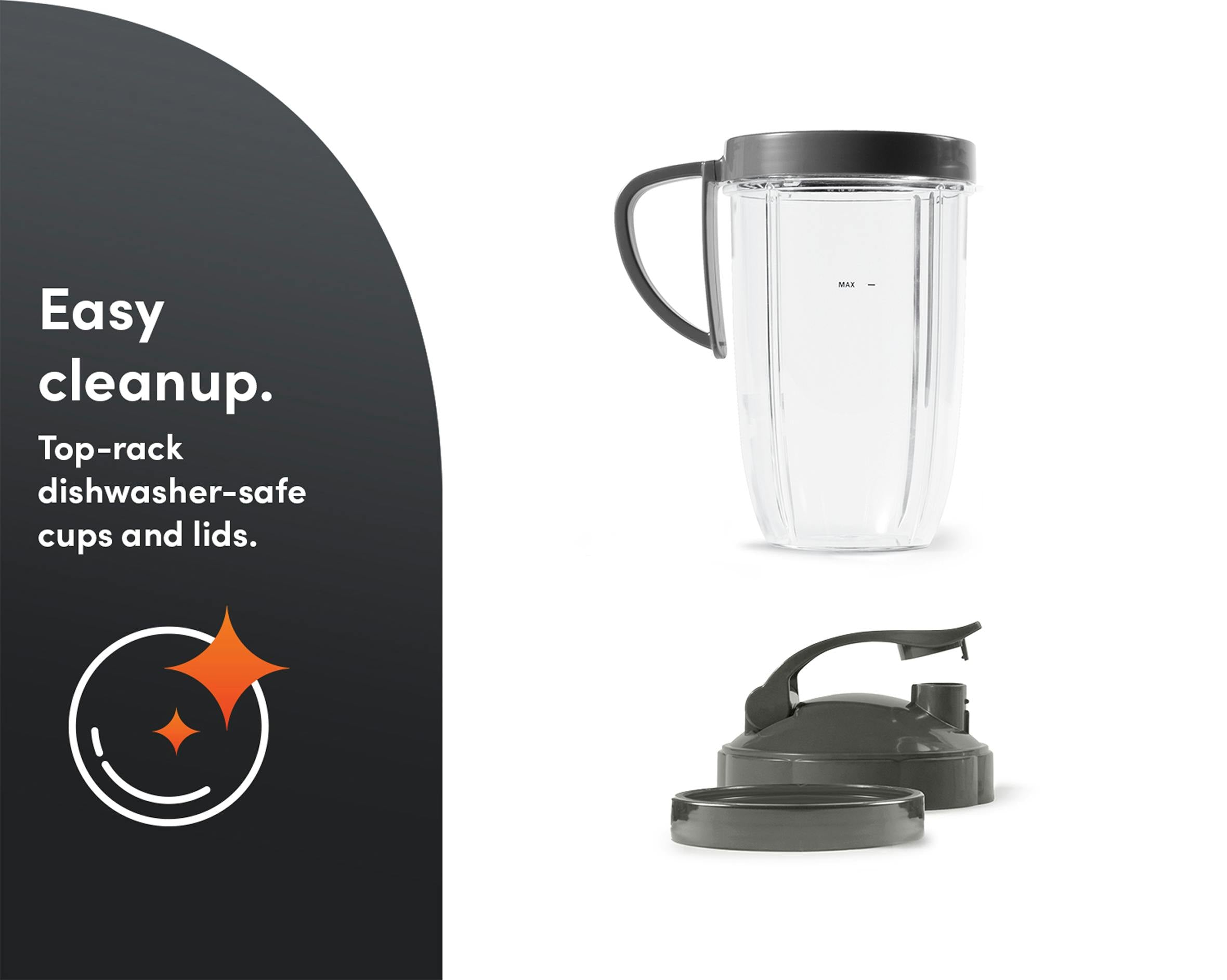 A plastic cup and lids on a white background. A gray panel on the left reads "Easy cleanup" with a corresponding icon below.